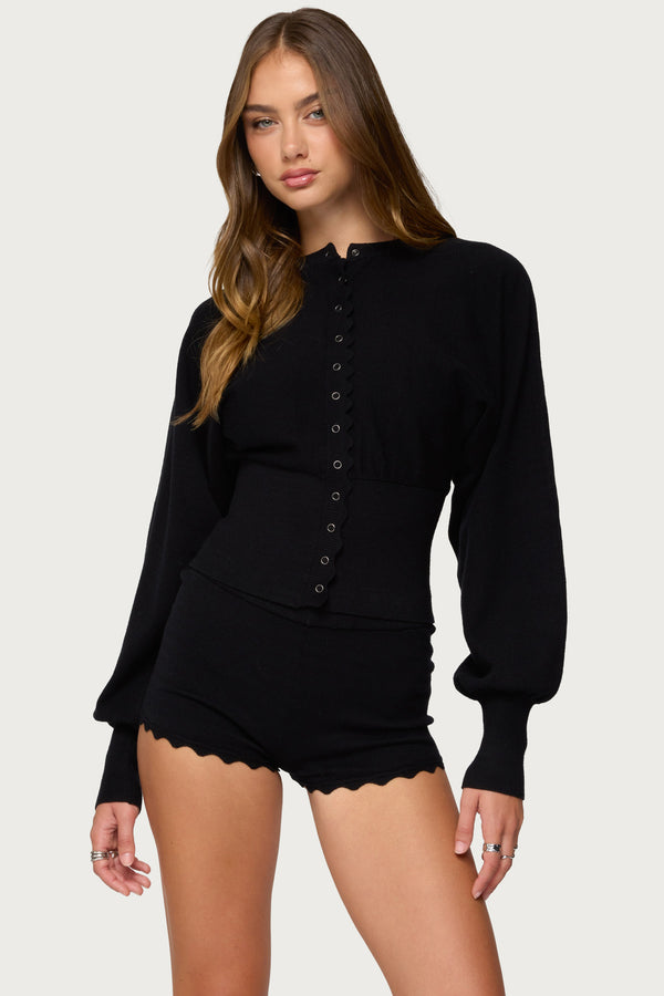 Maizy Puff Sleeve Scalloped Knit Cardigan view 1