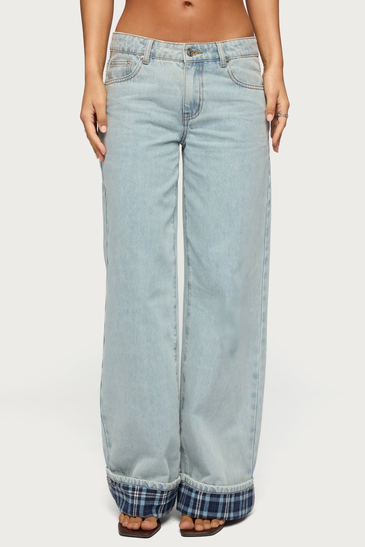 Plaid Cuffed Low Rise Baggy Jeans