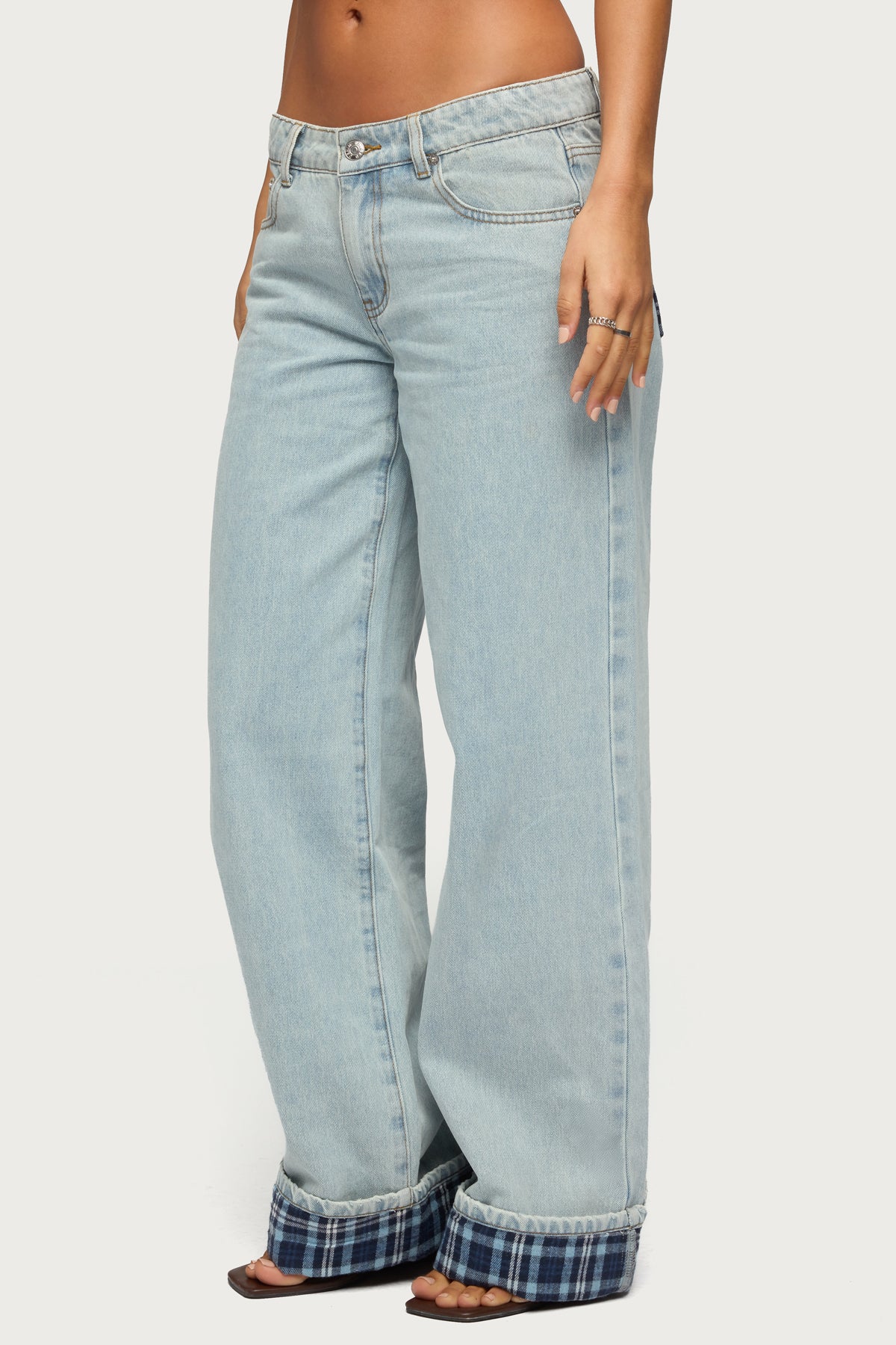 Plaid Cuffed Low Rise Baggy Jeans