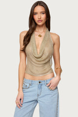 Shiny Knit Cowl Neck Backless Top
