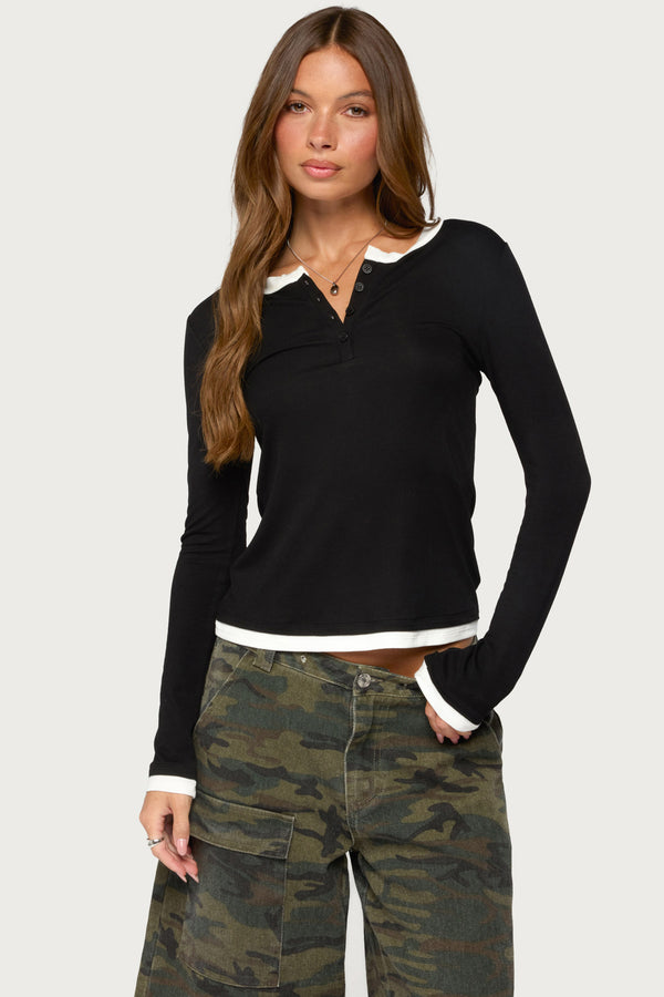Contrast Layered Look Henley Top view 1