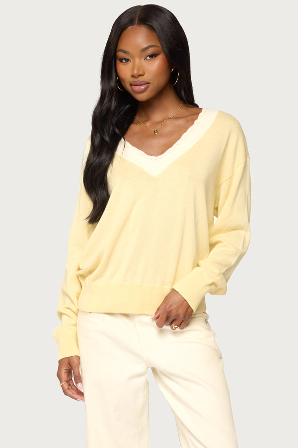 Marie Contrast Lacey V Neck Sweater view 1
