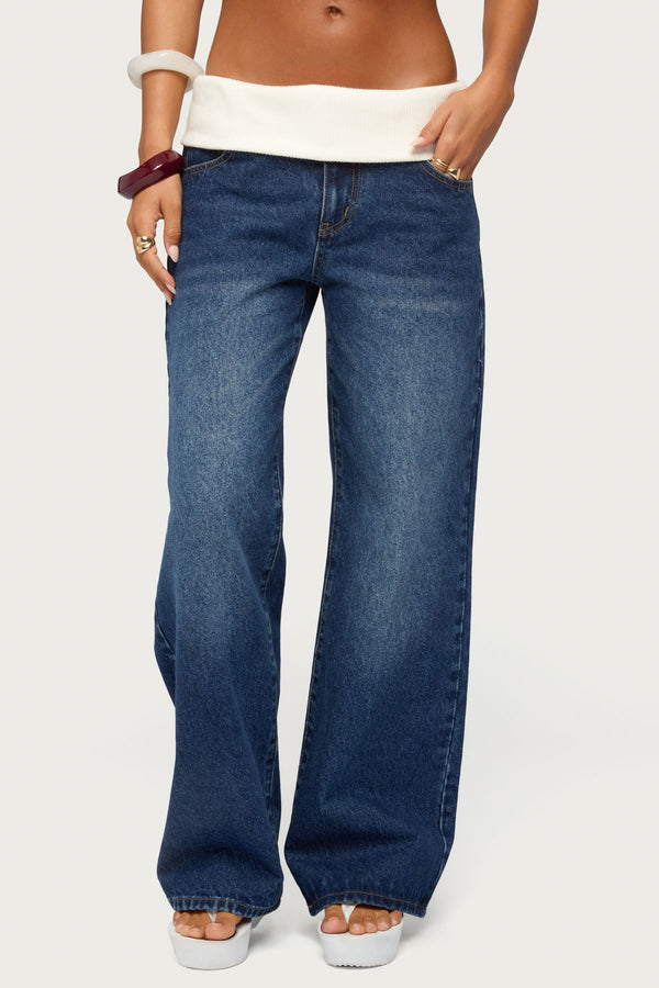 Knit Foldover Low Rise Baggy Jeans view 2
