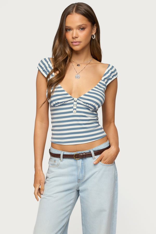 Aina Striped V Neck Henley Top view 1