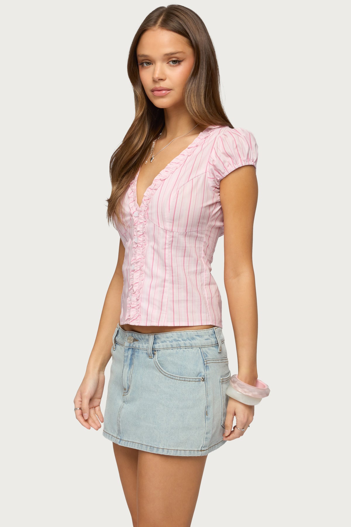 Georgia Ruffle Striped Button Up Top