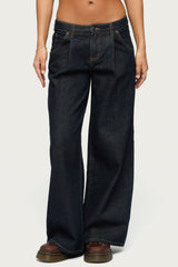 Pleated Low Rise Wide Leg Jeans