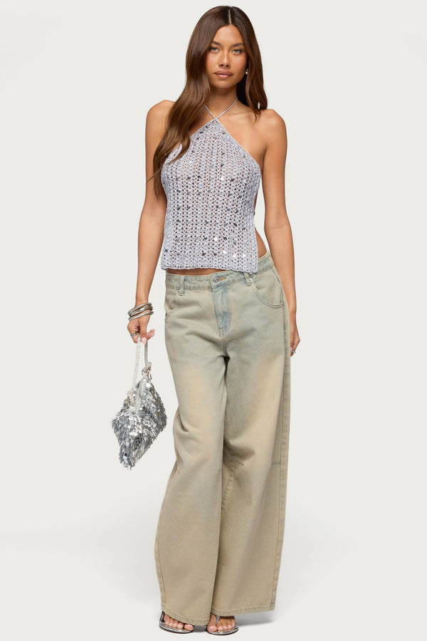 Thaly Backless Sequin Crochet Halter Top view 2