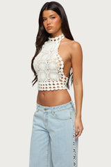 Backless Crochet High Neck Halter Top