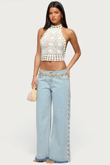 Backless Crochet High Neck Halter Top