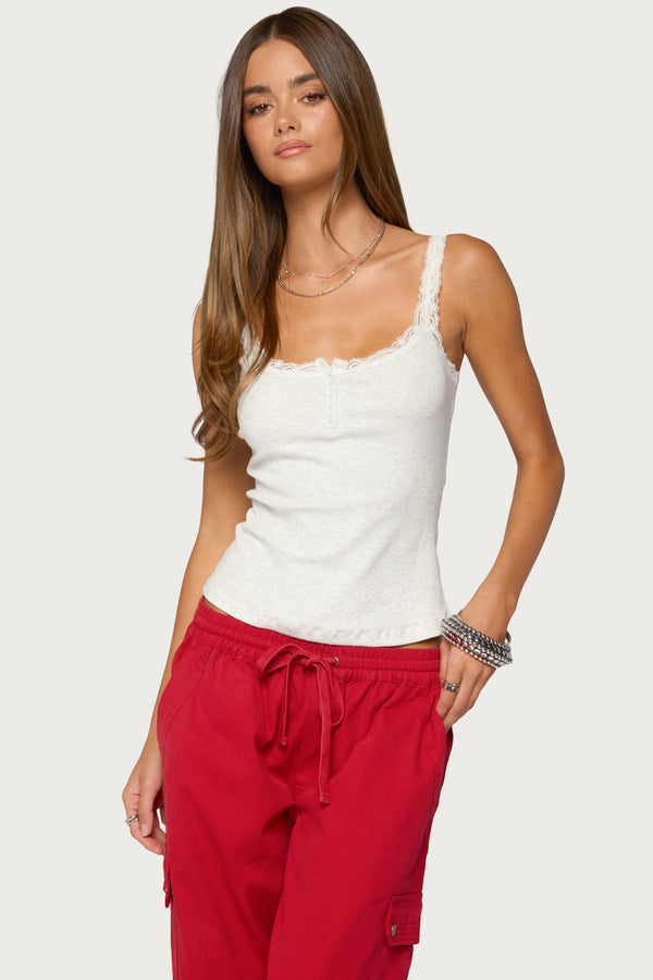 Contrast Stitched Lacey Henley Top view 1