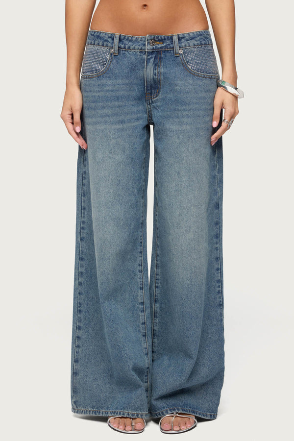 Rhinestone Low Rise Wide Leg Jeans view 2