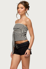Finly Striped Tie Front Strapless Top