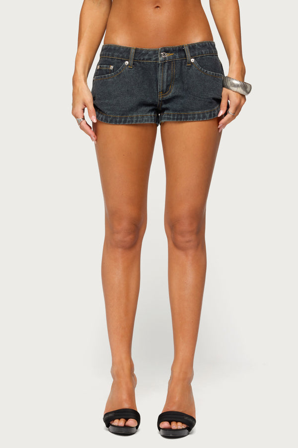 Pleated Low Rise Denim Micro Shorts view 2