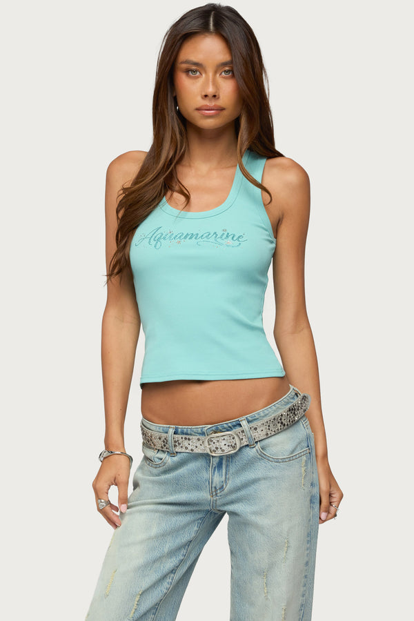 Aquaramine Rhinestone Ribbed Tank Top view 1