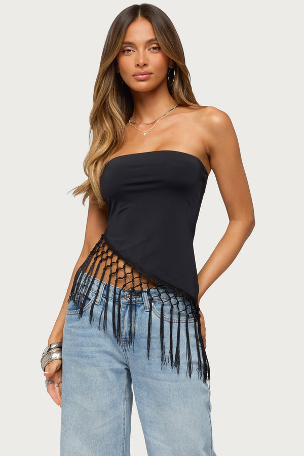 Sarika Asymmetric Fringe Strapless Top view 1