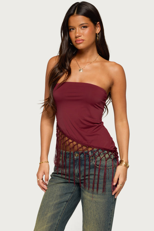 Sarika Asymmetric Fringe Strapless Top view 1