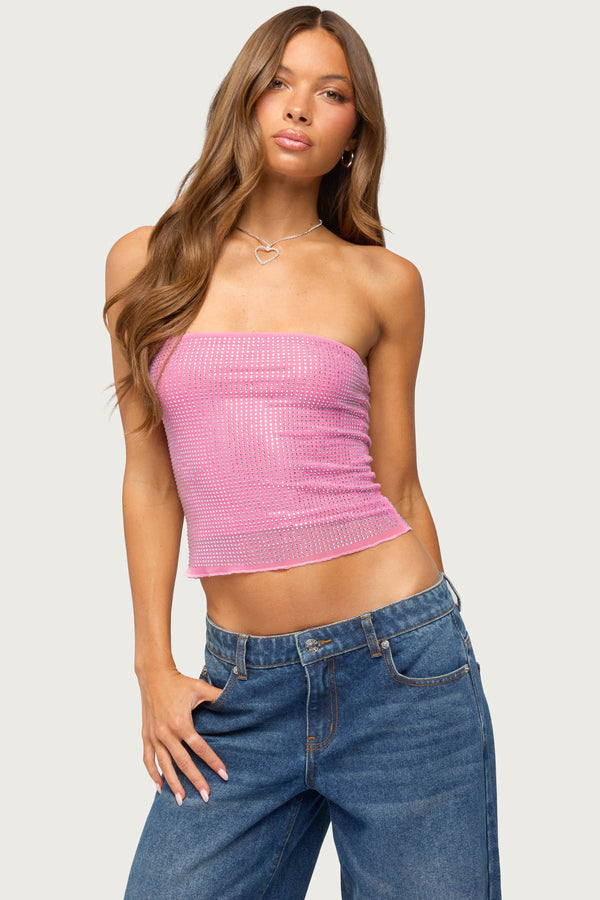 Olea Rhinestone Mesh Strapless Top view 1
