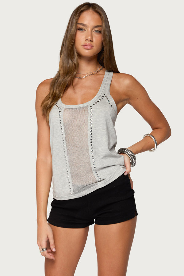 Jali Silver Knit Studded Tank Top view 1