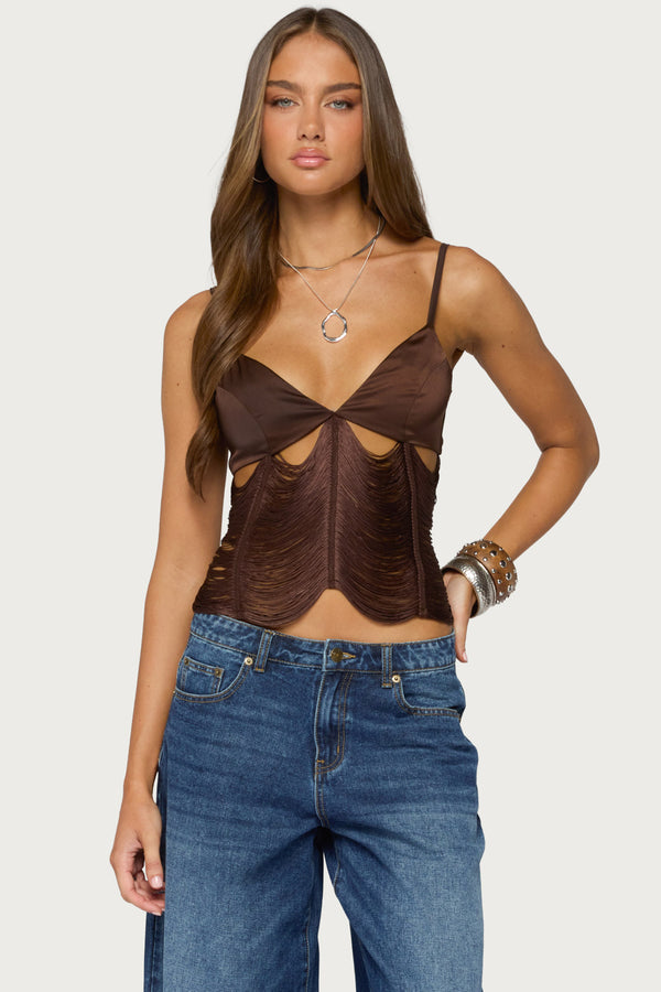 Dulcy Cutout Fringed Satin Effect Top view 1