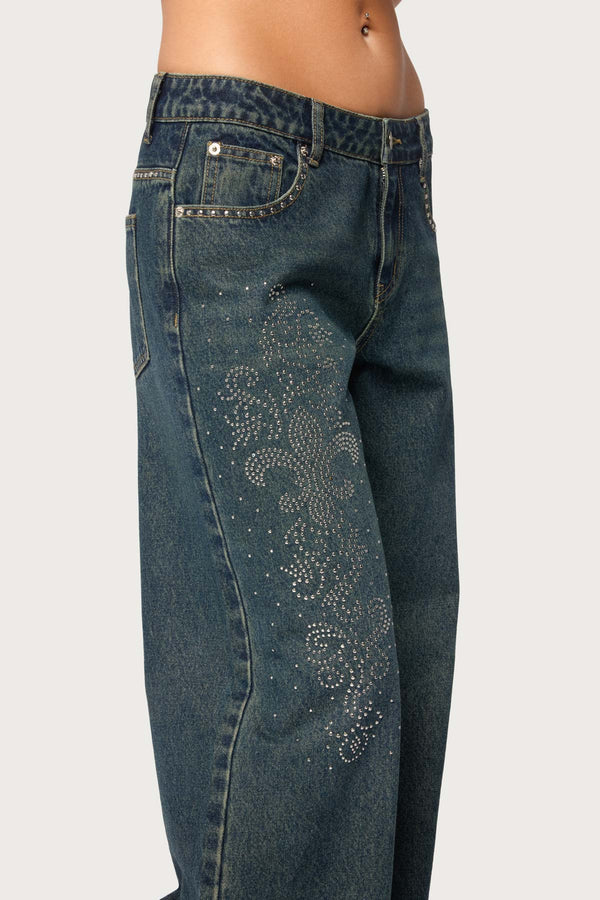 Rhinestone Graphic Low Rise Baggy Jeans view 2