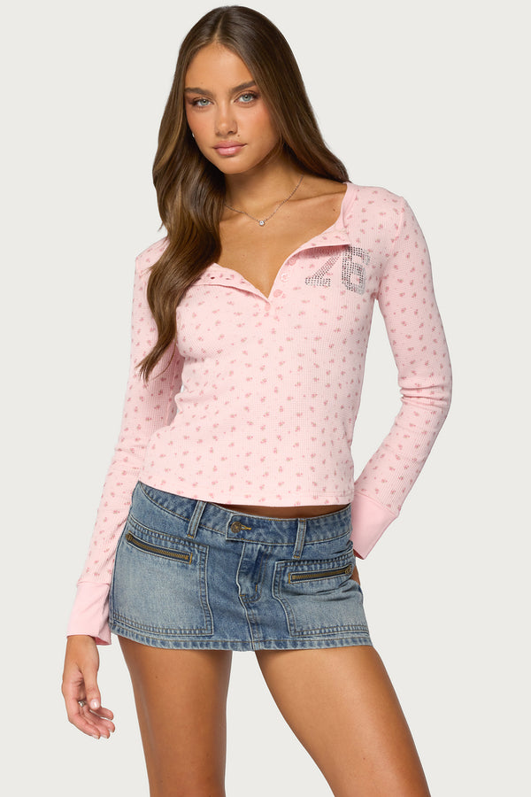 76 Rhinestone Floral Henley Top view 1