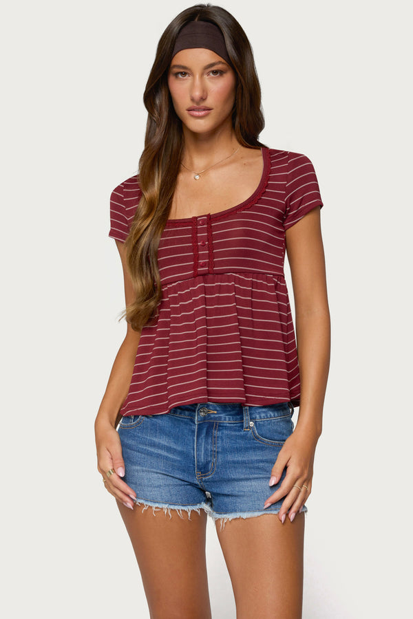 Jina Lacey Striped Babydoll Henley Top view 1