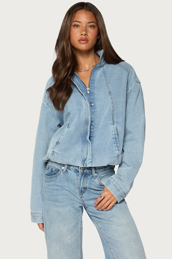 Jaysi High Neck Denim Bomber Jacket view 2
