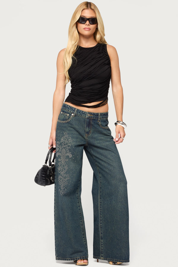 Rhinestone Graphic Low Rise Baggy Jeans view 1