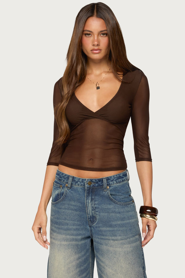 Saely Sheer Mesh Three-Quarter Sleeve Top view 1