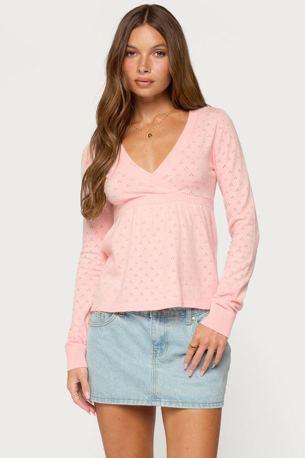 Basha Pointelle Knit V Neck Top view 1