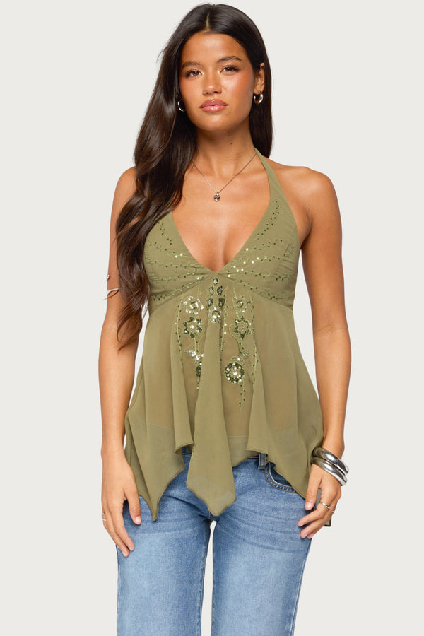 Bodie Sequin Chiffon Handkerchief Top view 1